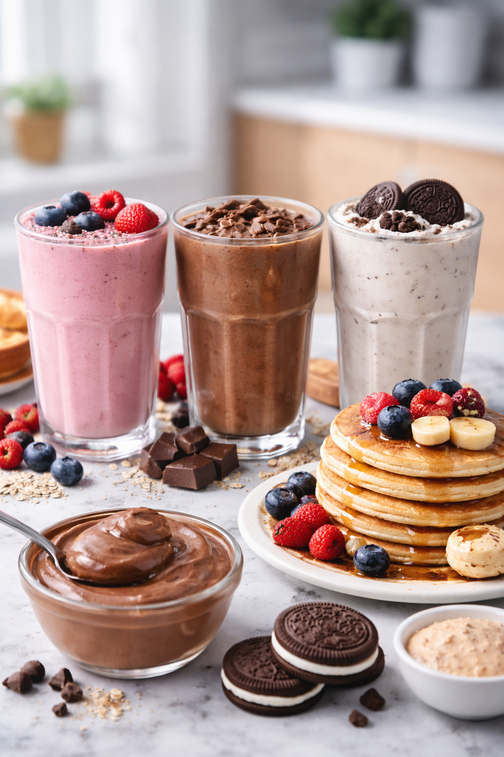 A colorful breakfast spread with a protein shake and fresh fruit