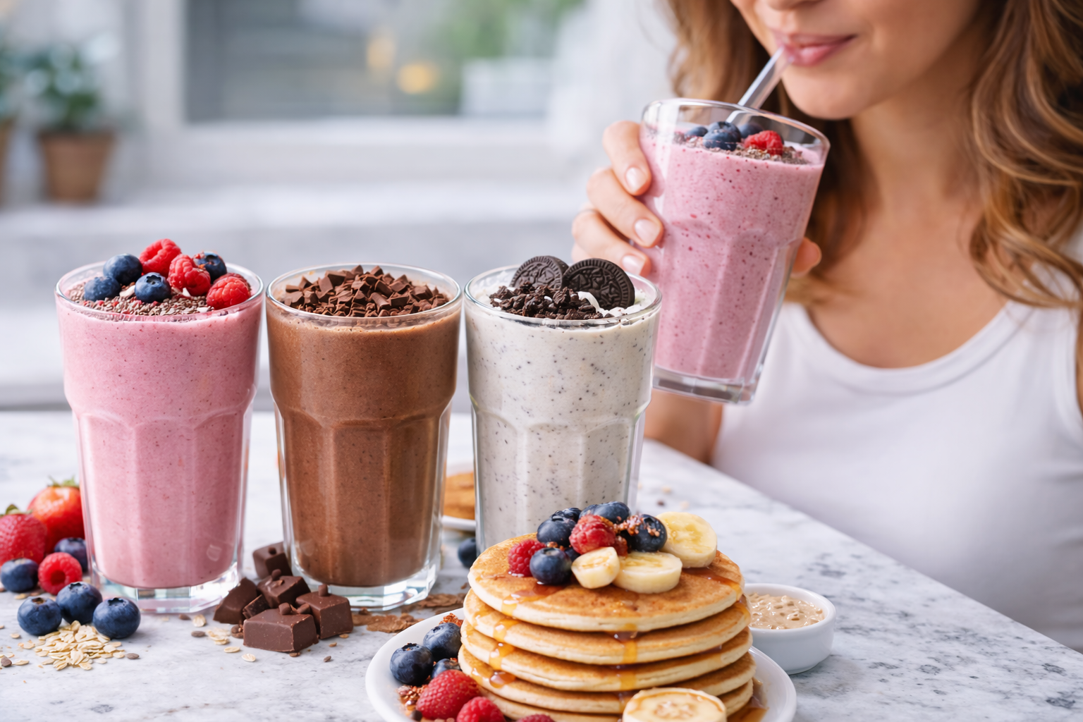 Three colorful protein shakes on a marble kitchen counter next to fresh fruit and pancakes